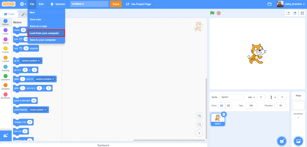how to share scratch projects - load from computer